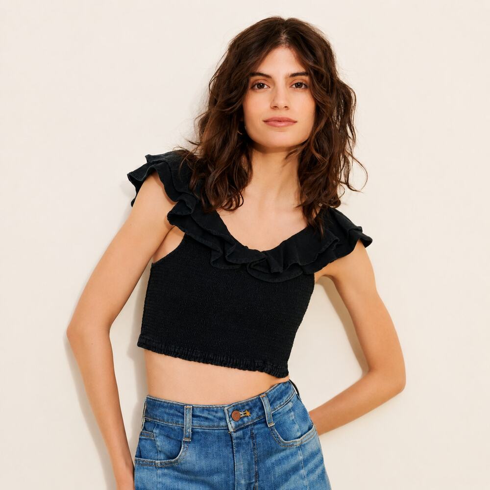 Maeve by Anthropologie Crop Top Blouse Ruffled Flutter Smocked Black Size 4
